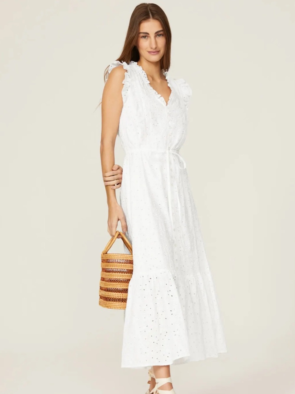 100% Linen Ralph Lauren White Eyelet Maxi Dress with Tie Waist